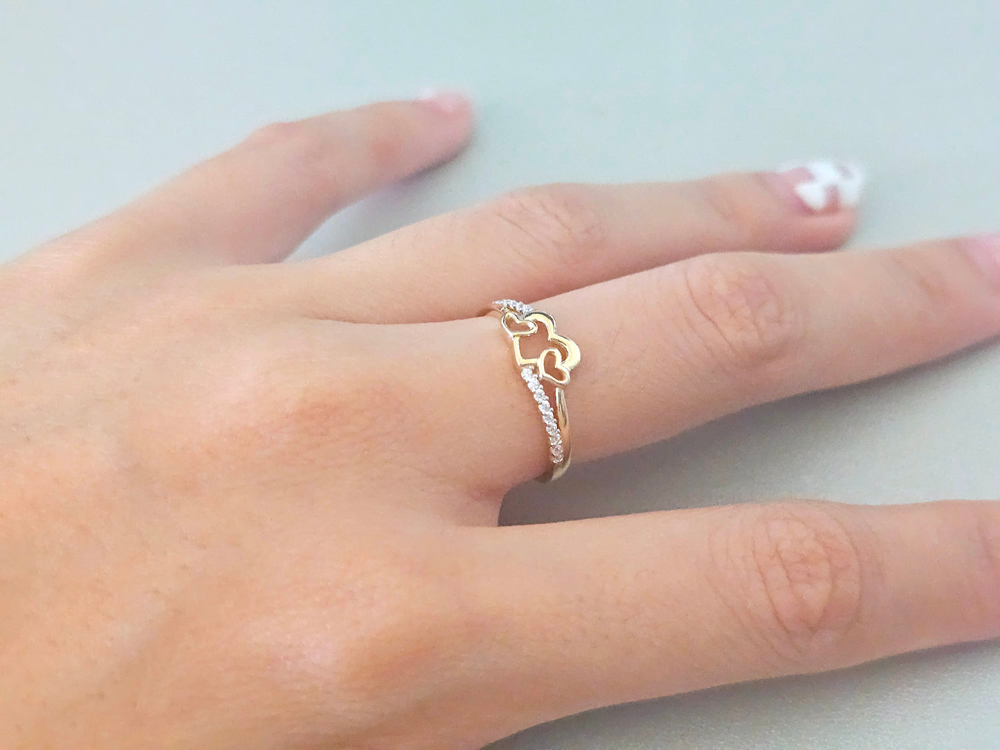 14K Solid Yellow Gold Three Hearts Ring Band with CZ Stones