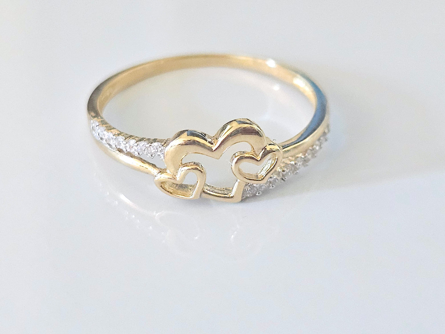 14K Solid Yellow Gold Three Hearts Ring Band with CZ Stones