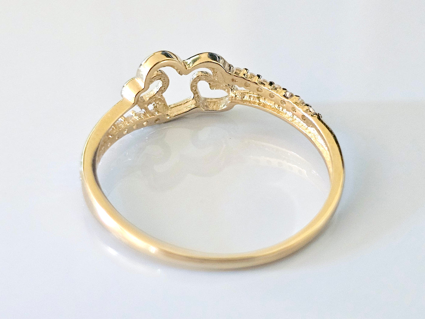 14K Solid Yellow Gold Three Hearts Ring Band with CZ Stones