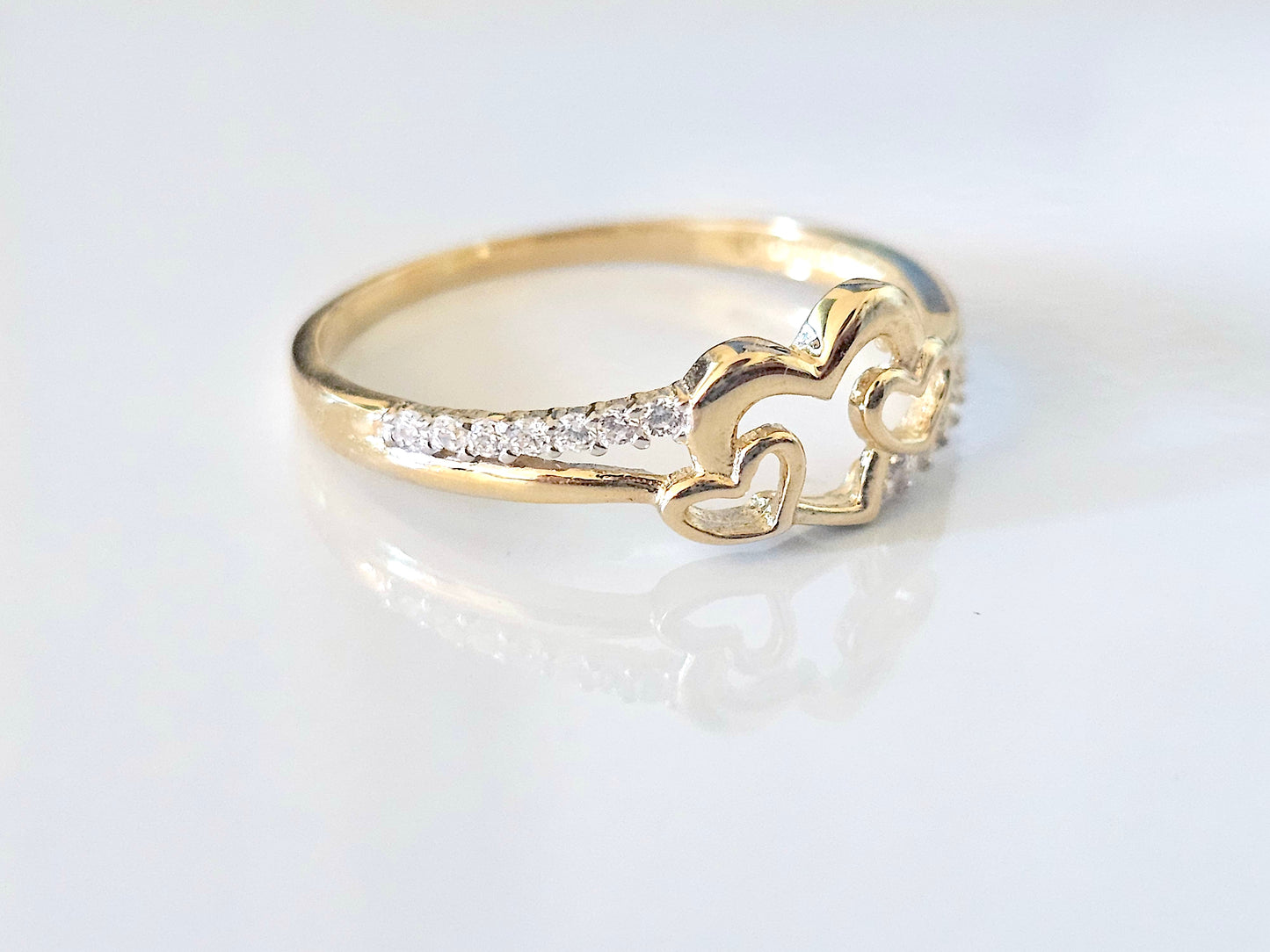 14K Solid Yellow Gold Three Hearts Ring Band with CZ Stones