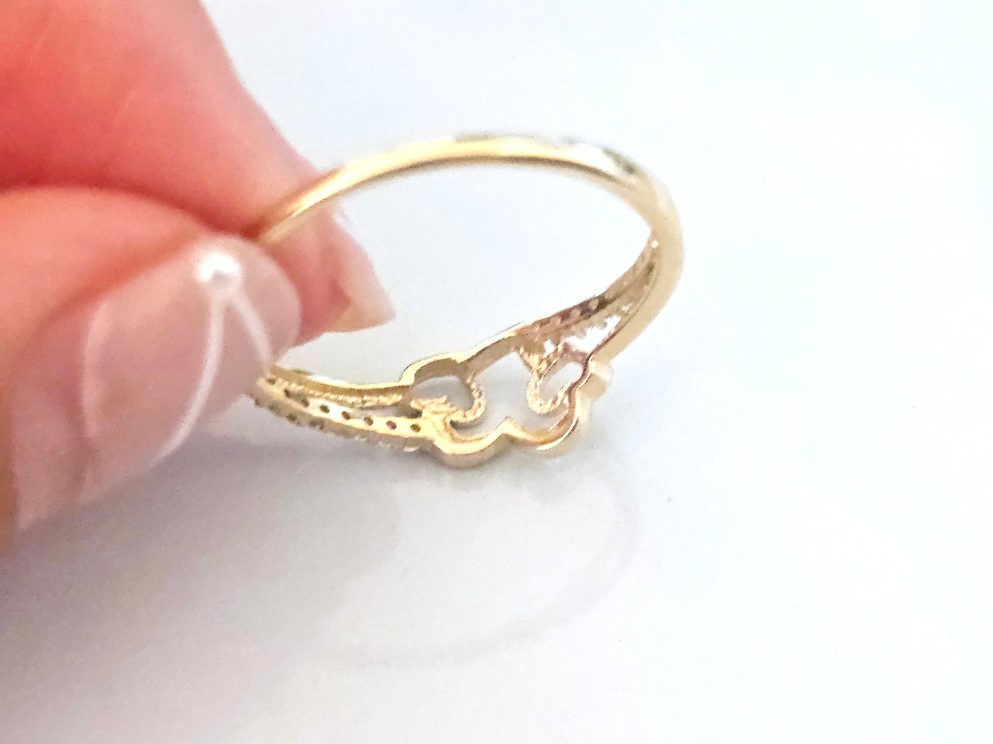 14K Solid Yellow Gold Three Hearts Ring Band with CZ Stones