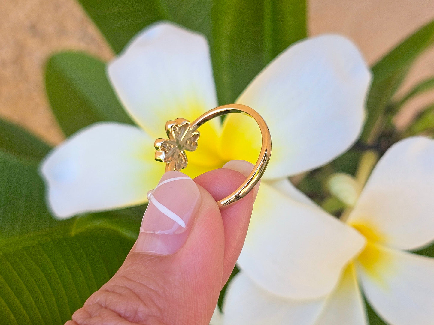 14K Solid Yellow Gold Four Leaf Clover Ring Band with CZ Stones