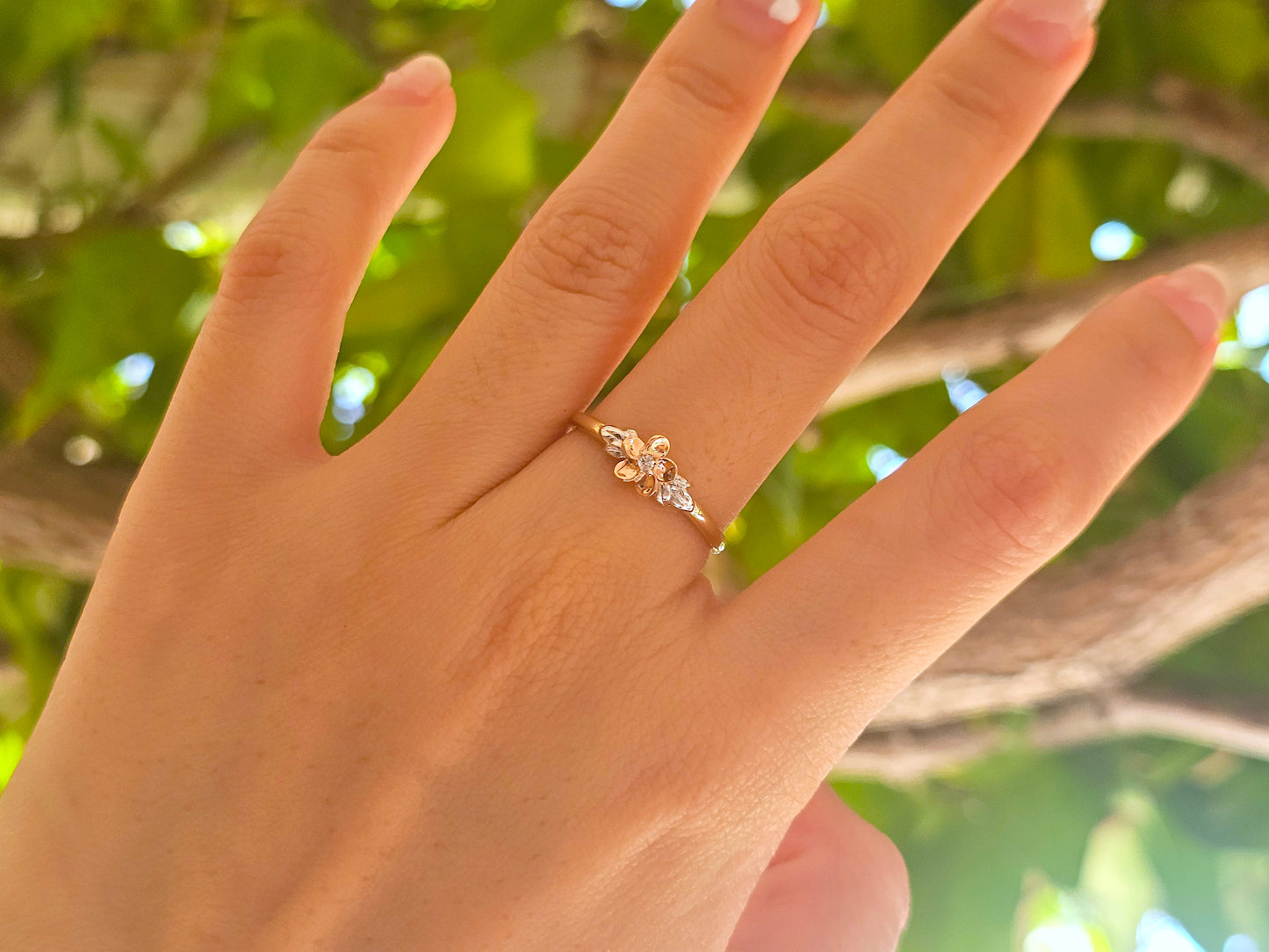 14K Solid Gold Small Flower Ring Band with CZ Stone