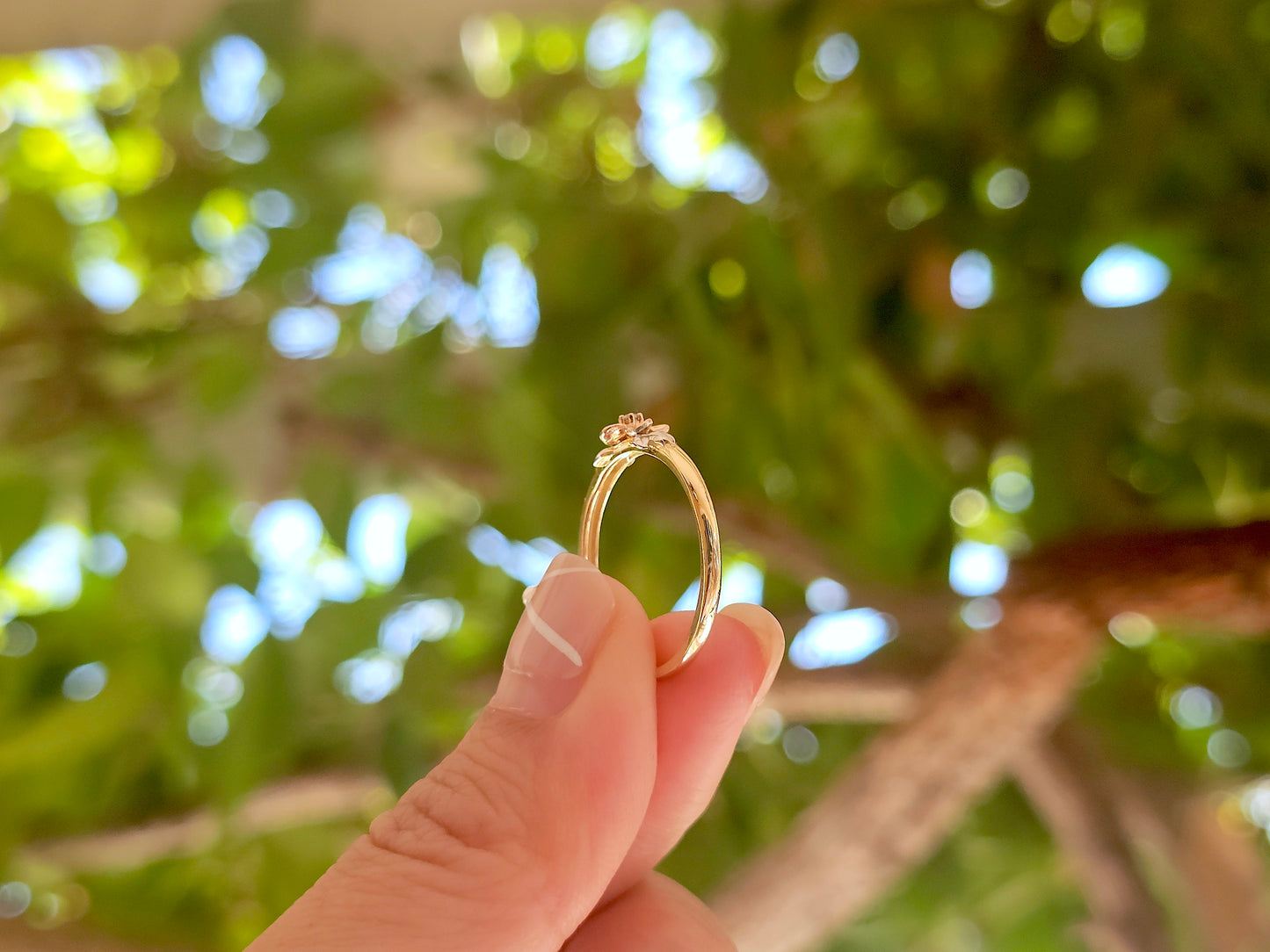 14K Solid Gold Small Flower Ring Band with CZ Stone