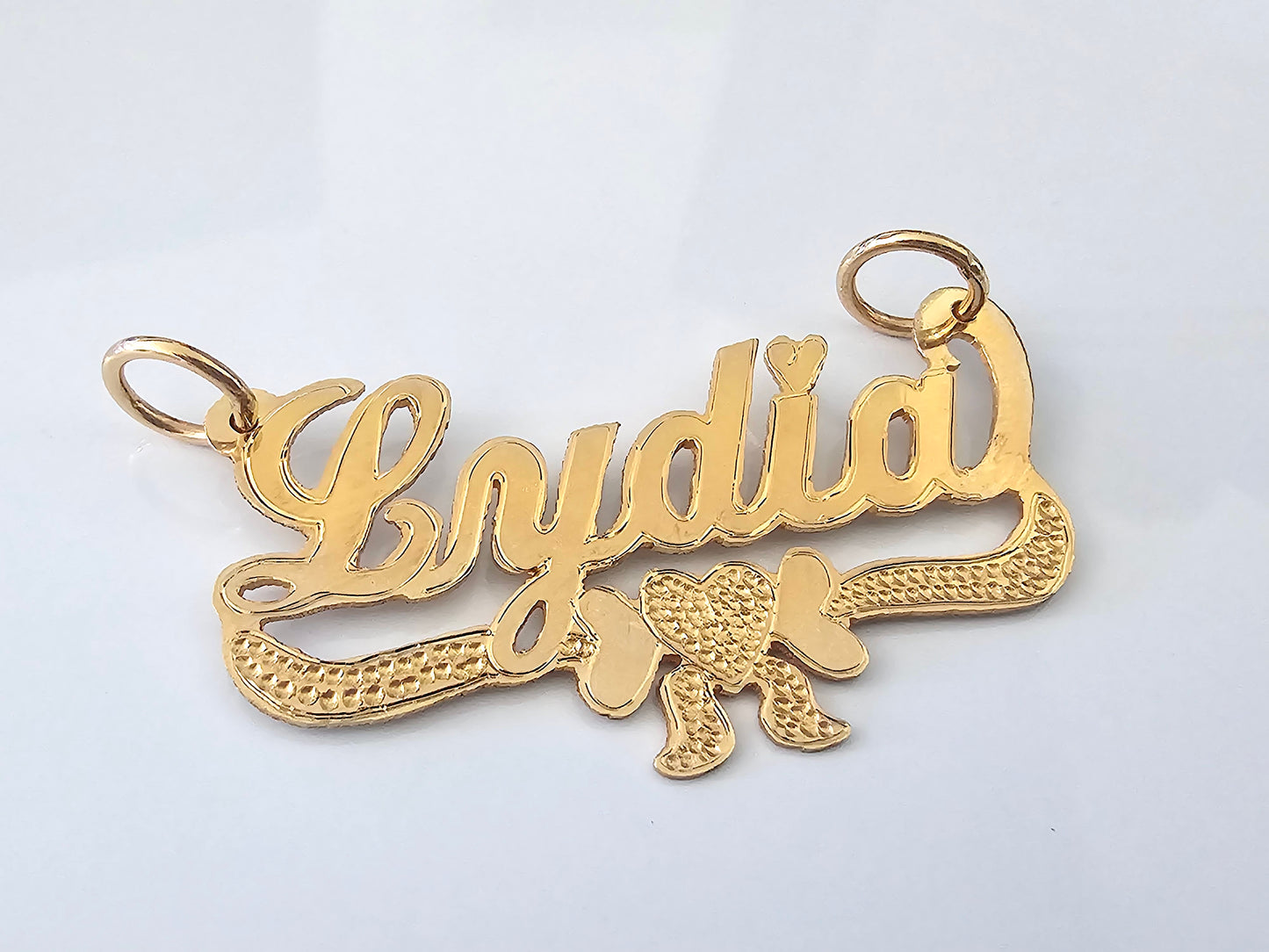 10K Solid Yellow Gold Name Pendant Necklace with Heart Bow Banner
