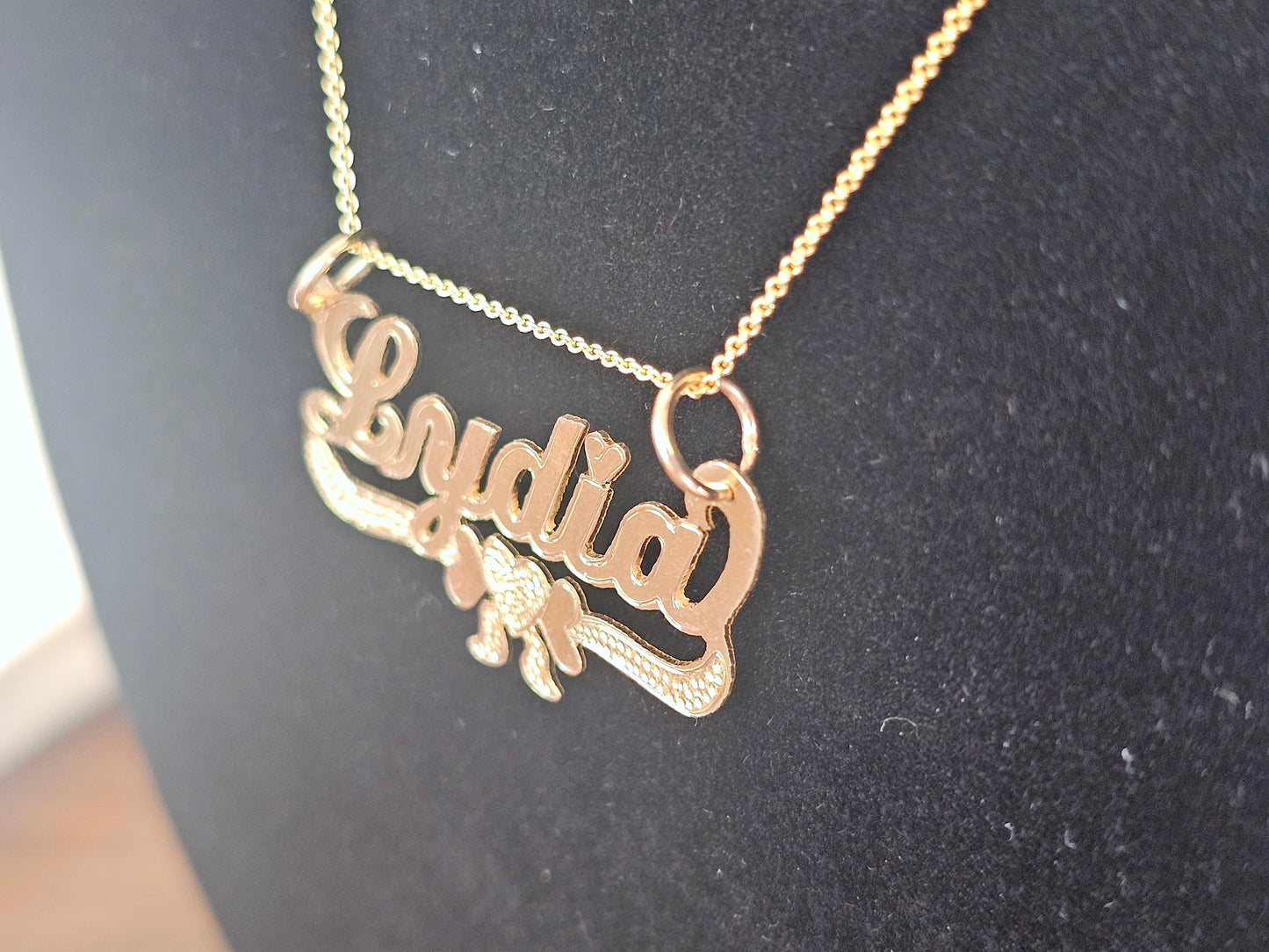 10K Solid Yellow Gold Name Pendant Necklace with Heart Bow Banner