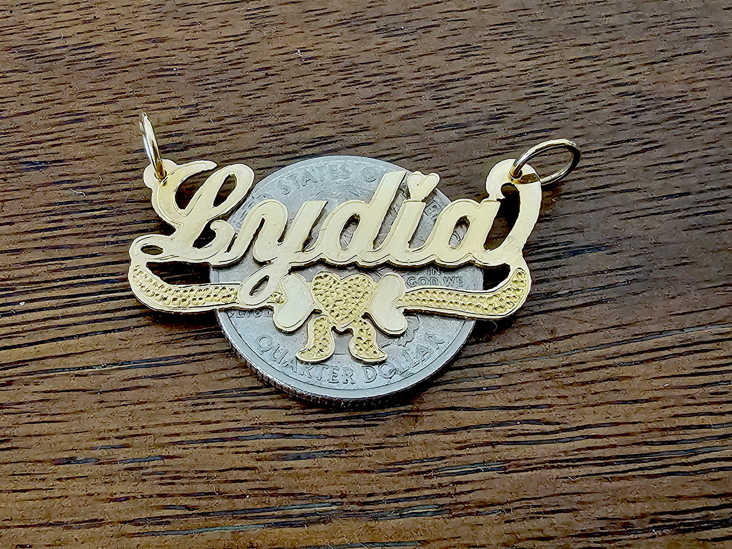 10K Solid Yellow Gold Name Pendant Necklace with Heart Bow Banner
