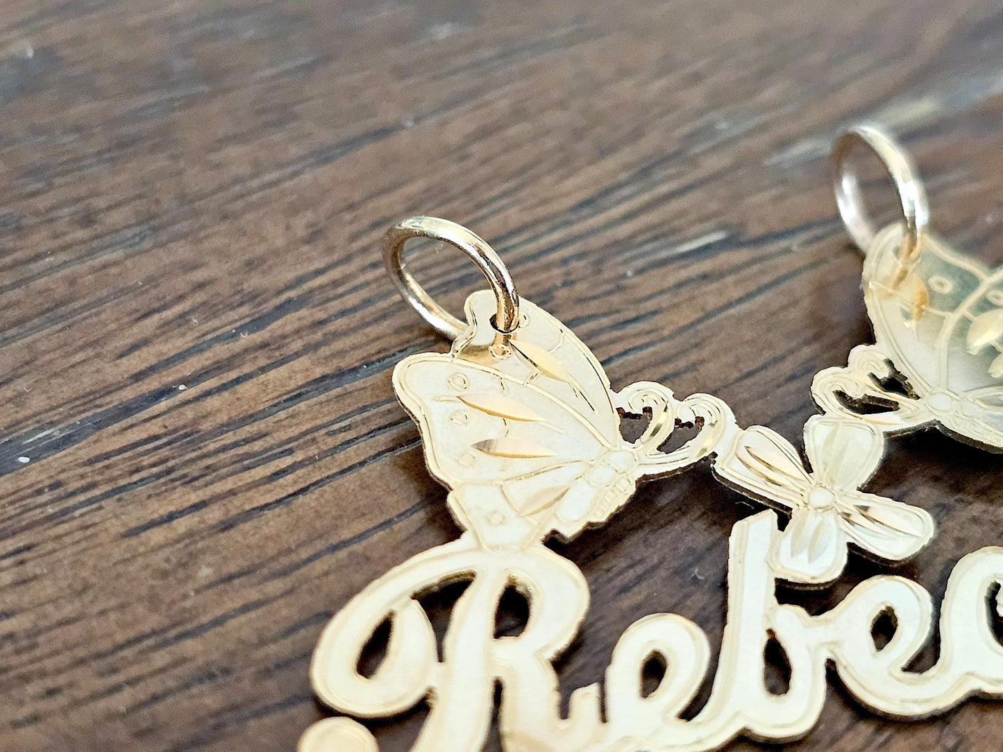 10K Solid Yellow Gold Name Pendant Necklace with Two Large Butterflies