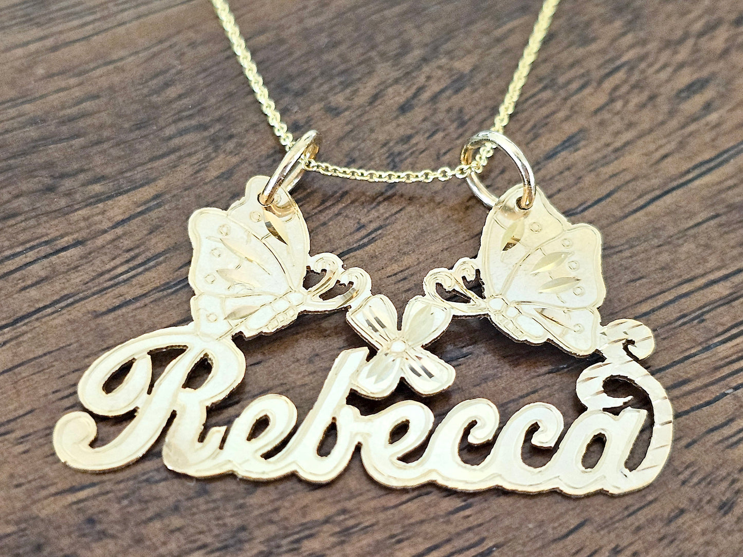 10K Solid Yellow Gold Name Pendant Necklace with Two Large Butterflies