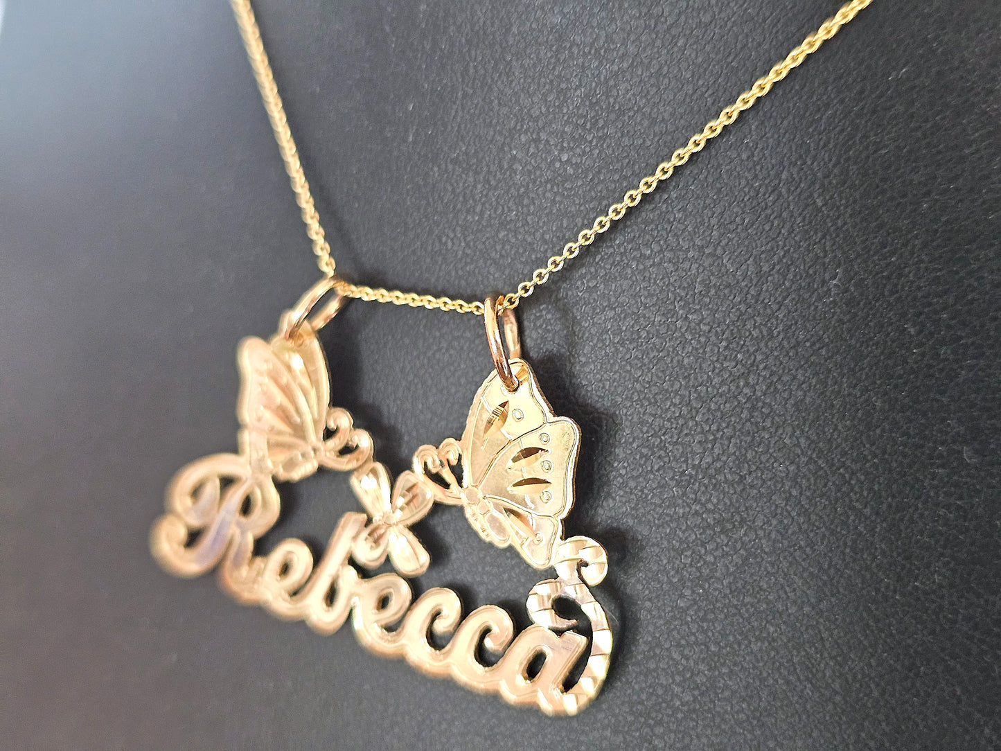 10K Solid Yellow Gold Name Pendant Necklace with Two Large Butterflies