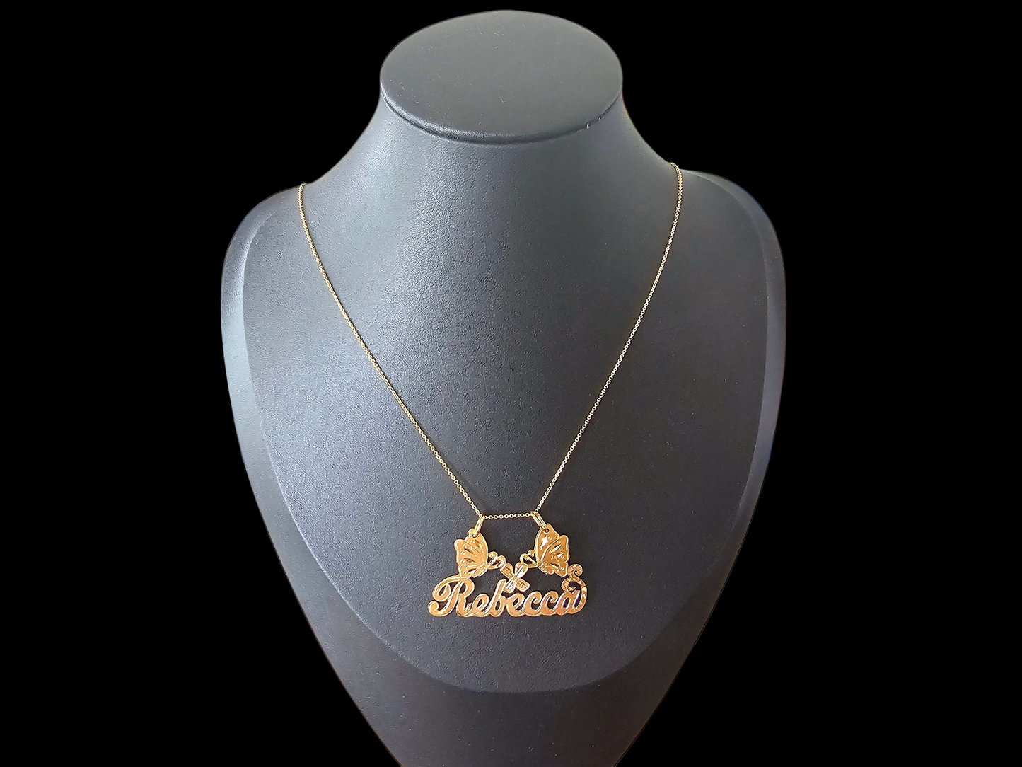 10K Solid Yellow Gold Name Pendant Necklace with Two Large Butterflies