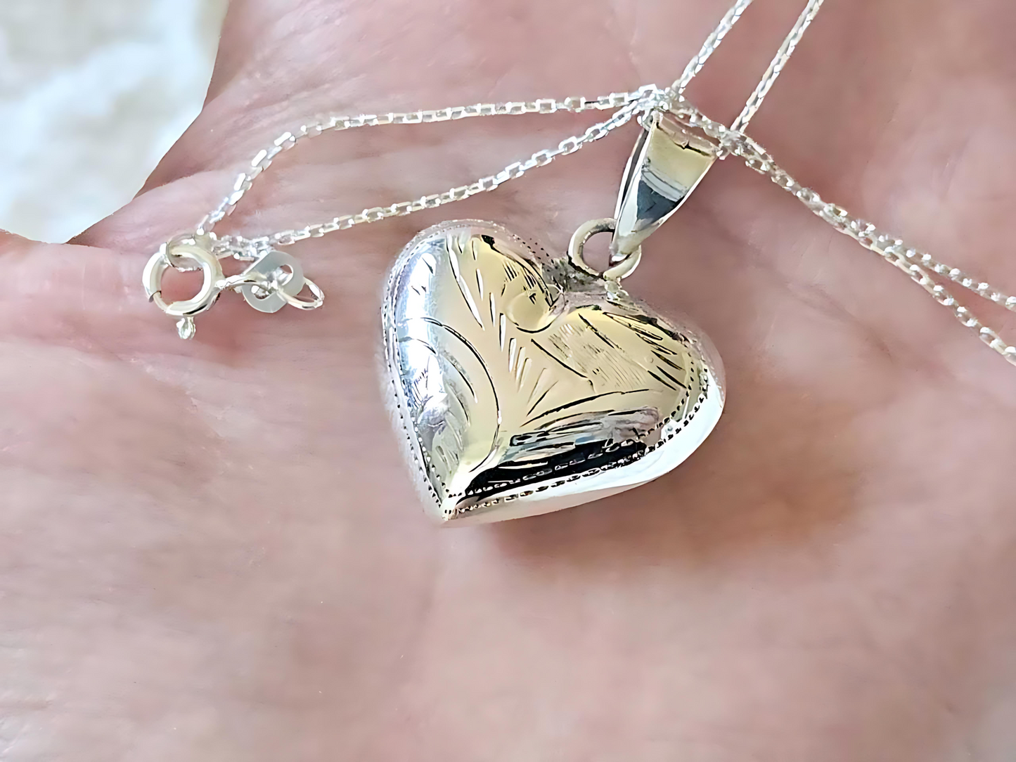 925 Sterling Silver 1" Hollow Puffed Heart with Engravings Pendant Necklace