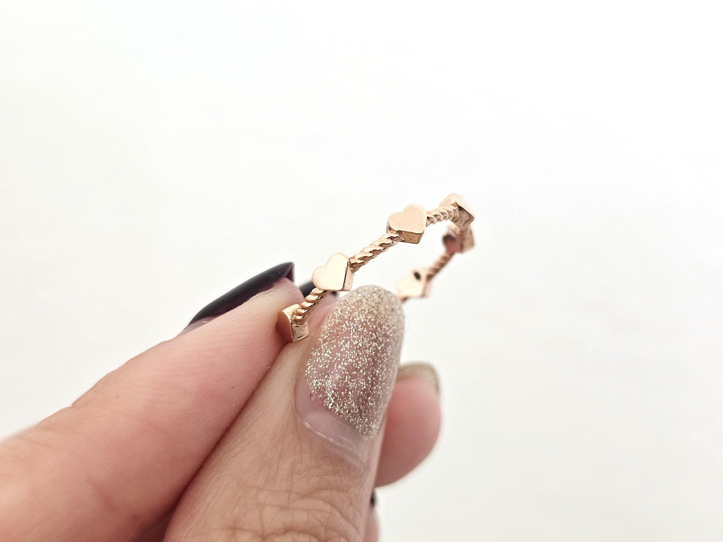14K Solid Gold Handmade Ring Band with Mini Hearts