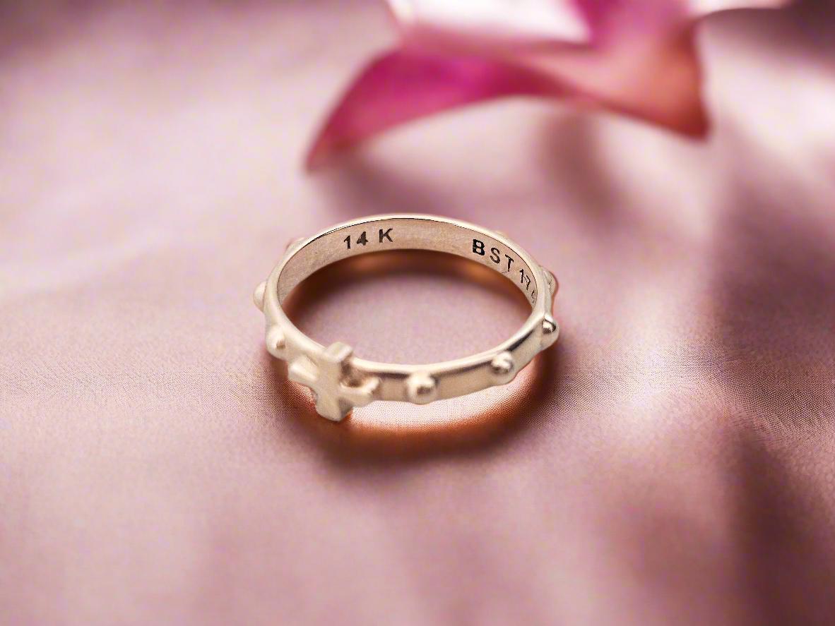 14K Solid Gold Handmade Ring Band with Cross and Dots