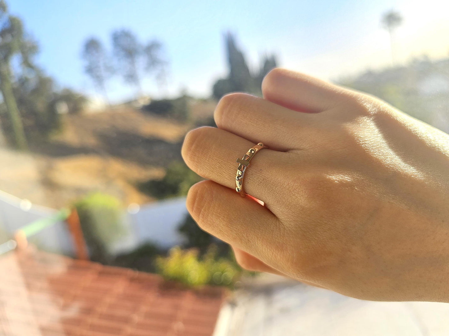 14K Solid Gold Handmade Ring Band with Cross and Dots