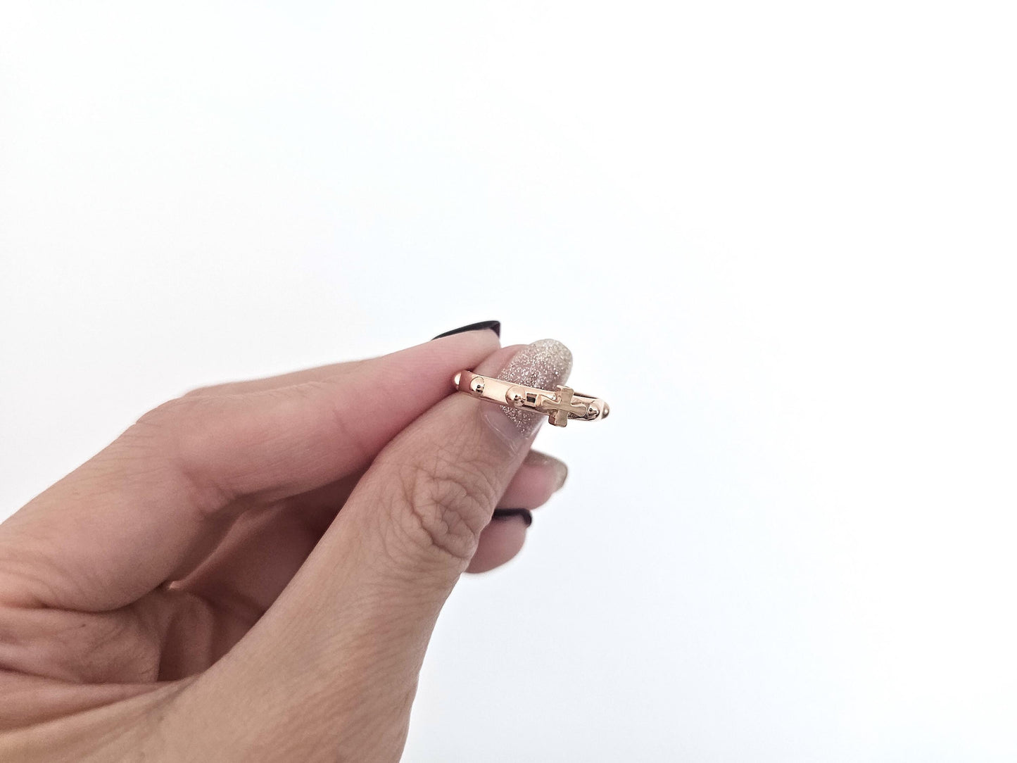 14K Solid Gold Handmade Ring Band with Cross and Dots