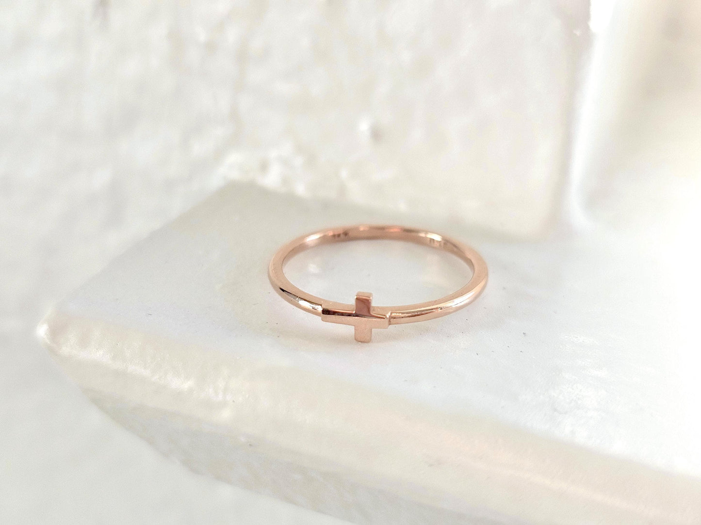 14K Solid Gold Handmade Ring Band with a Sideway Cross