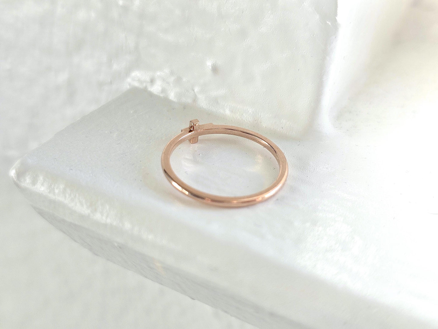 14K Solid Gold Handmade Ring Band with a Sideway Cross