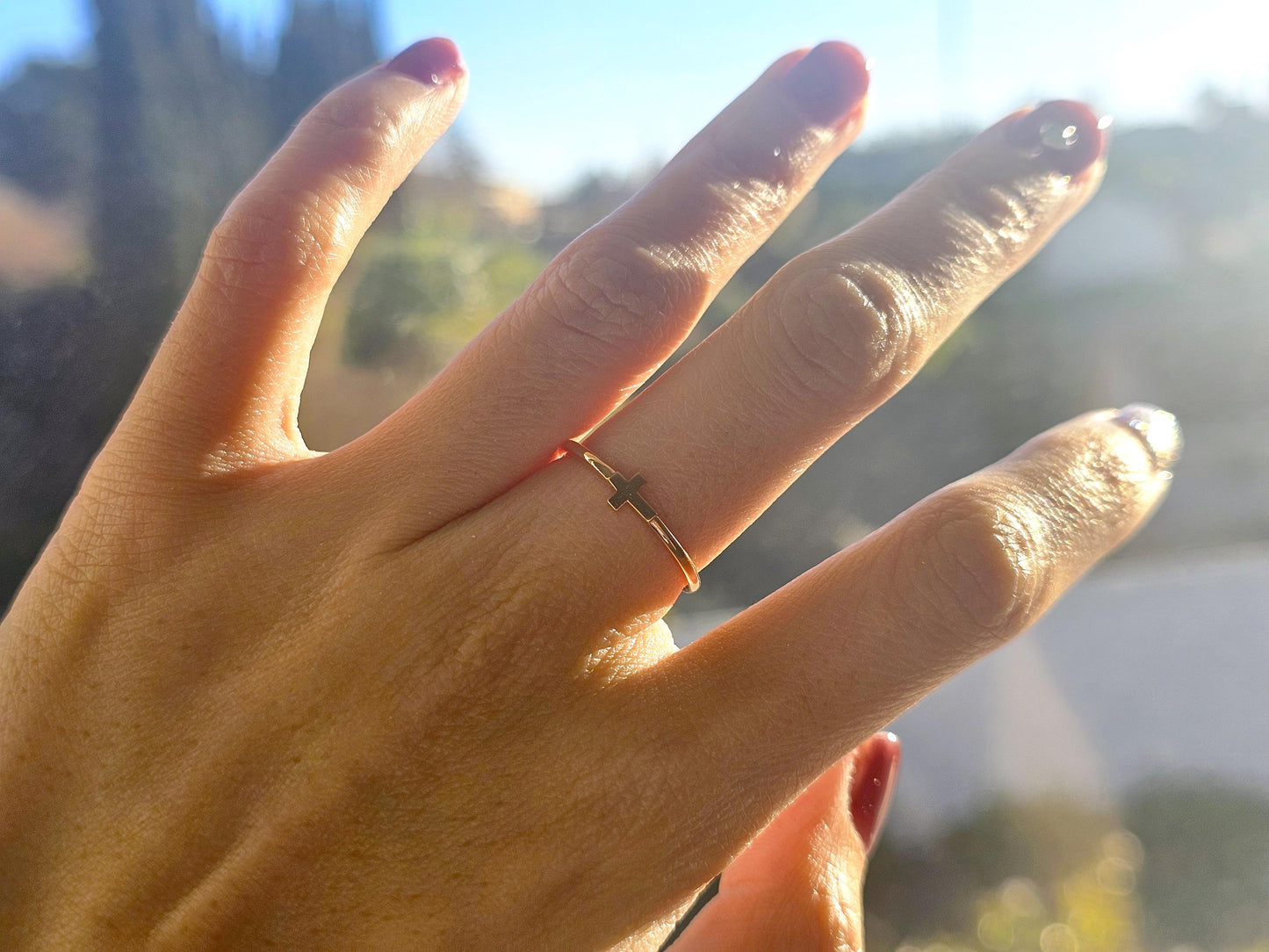 14K Solid Gold Handmade Ring Band with a Sideway Cross