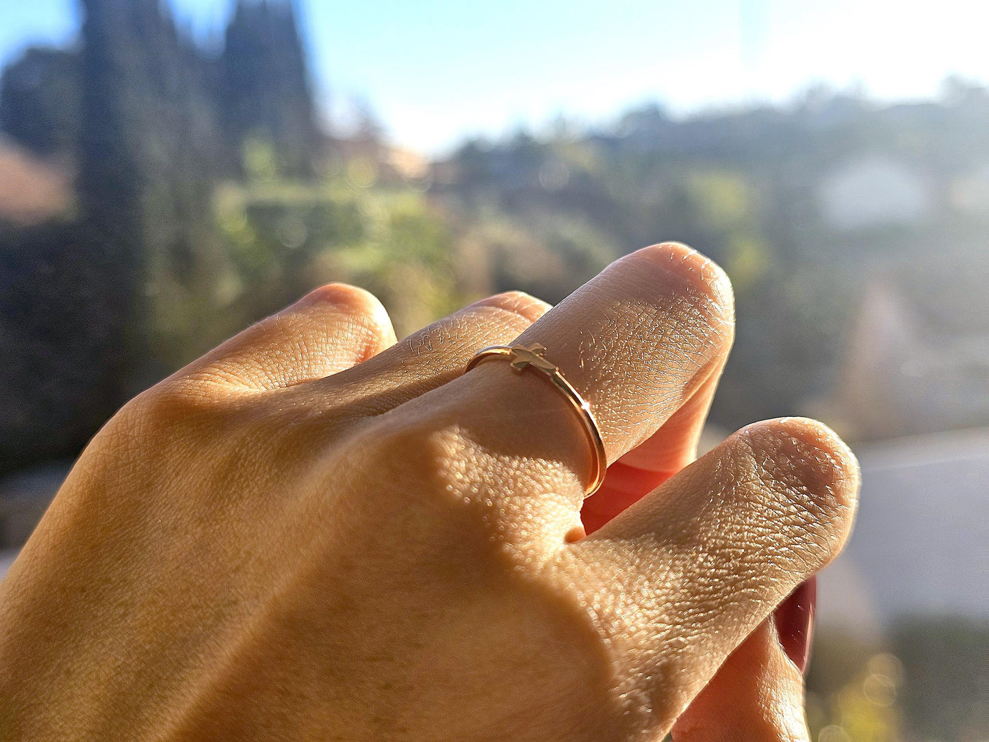 14K Solid Gold Handmade Ring Band with a Sideway Cross
