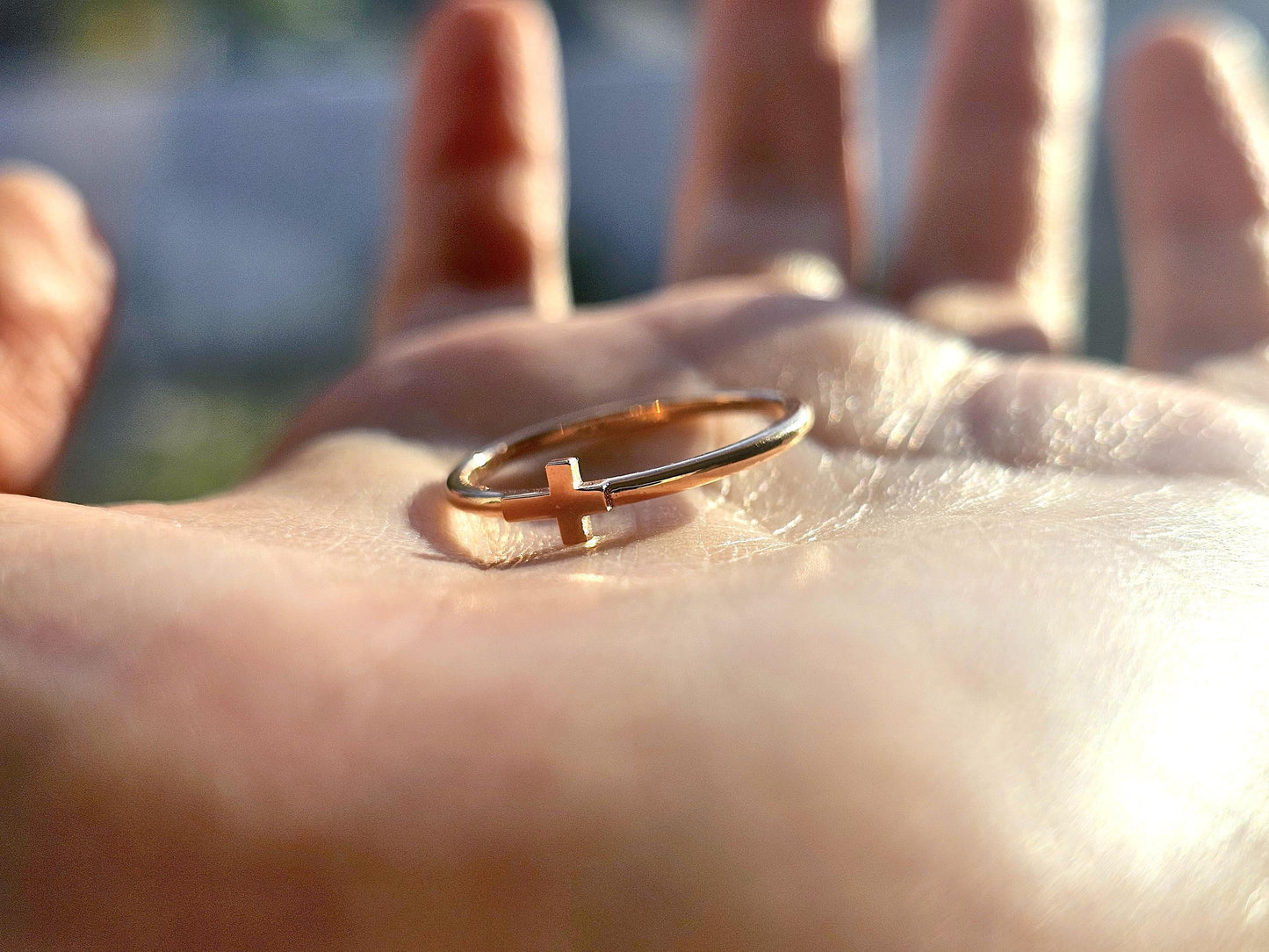 14K Solid Gold Handmade Ring Band with a Sideway Cross