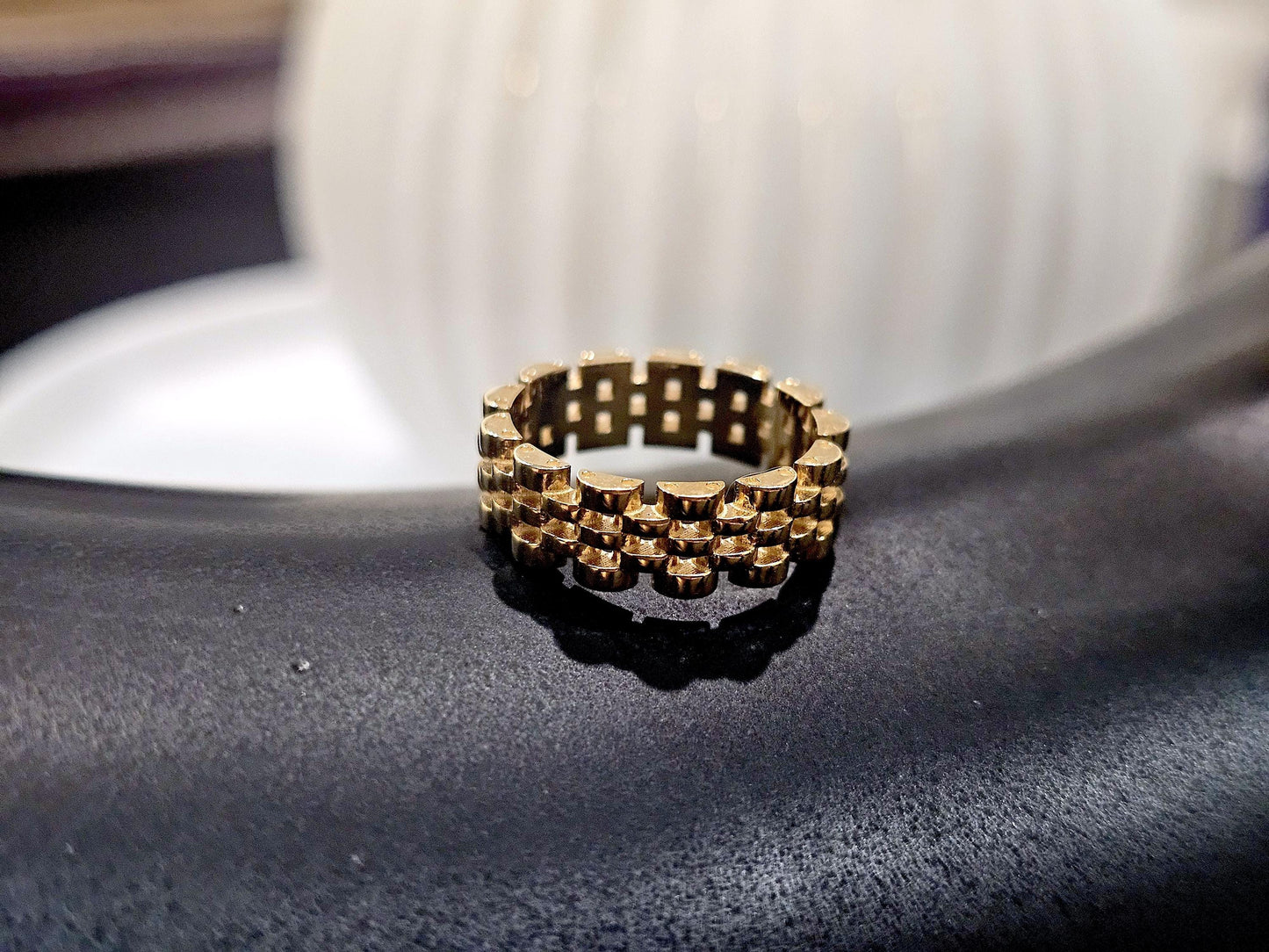 14K Solid Gold Handmade Brick Chain Ring Band