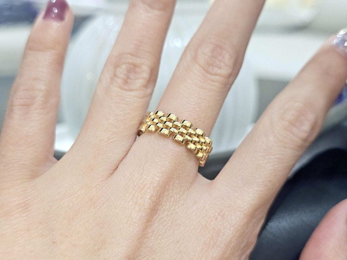 14K Solid Gold Handmade Brick Chain Ring Band