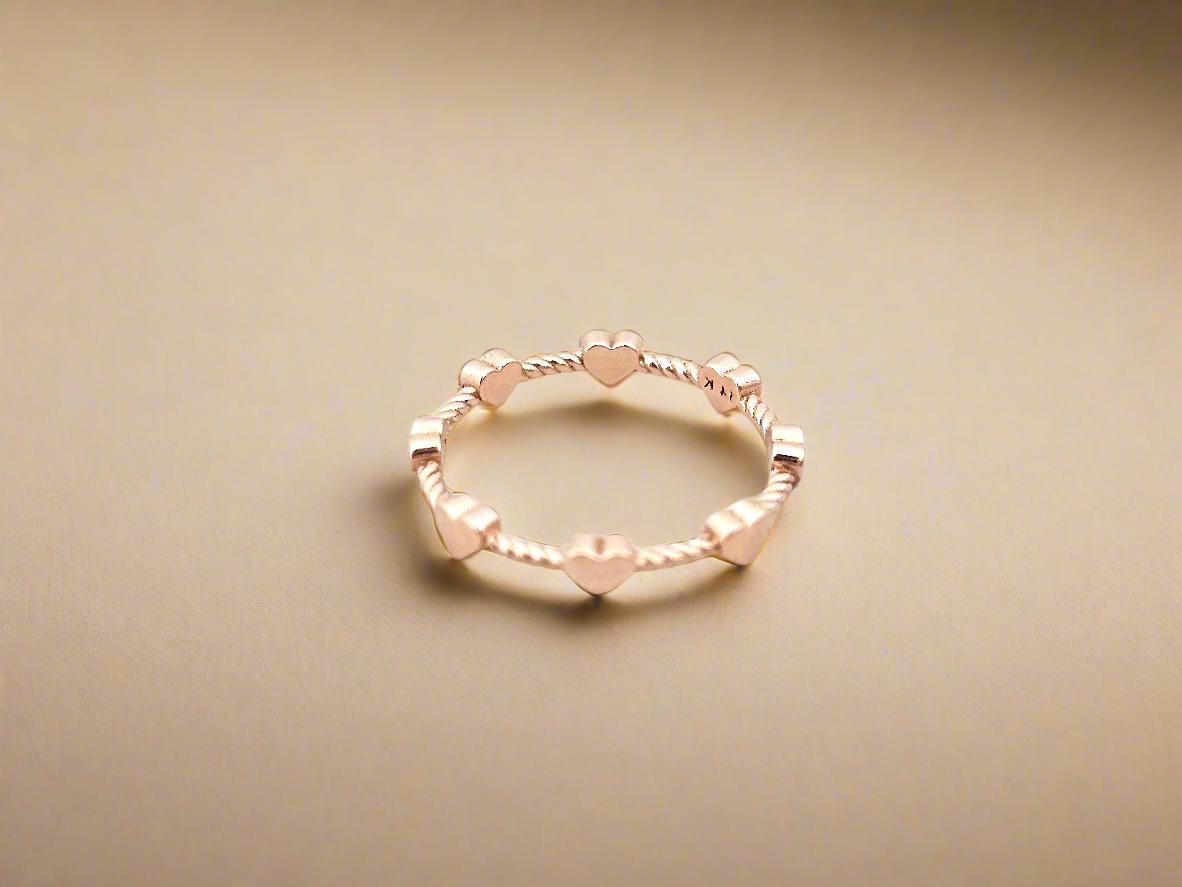 14K Solid Gold Handmade Ring Band with Mini Hearts