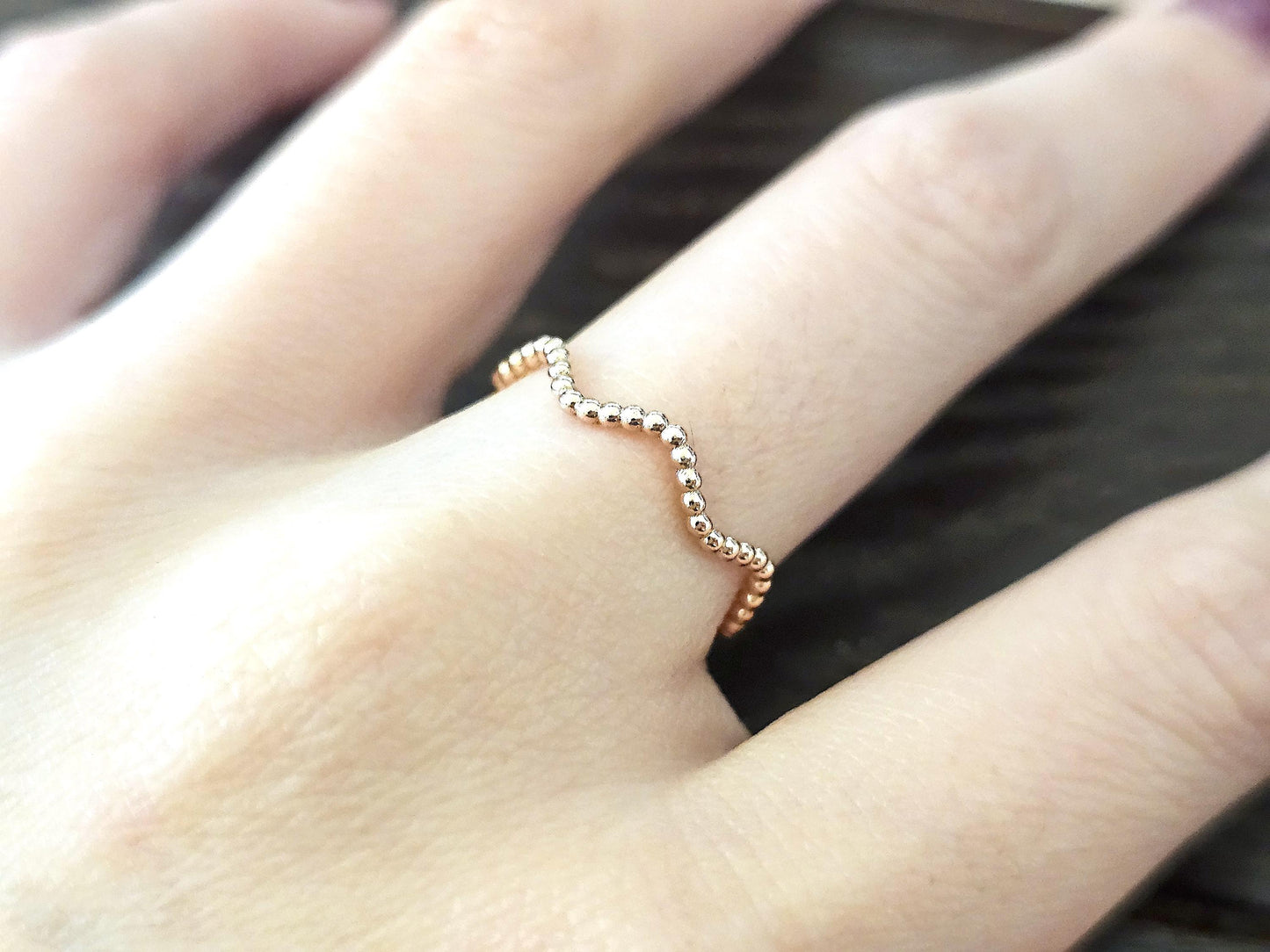 14K Solid Gold Handmade Beaded Dotted Wave Ring Band