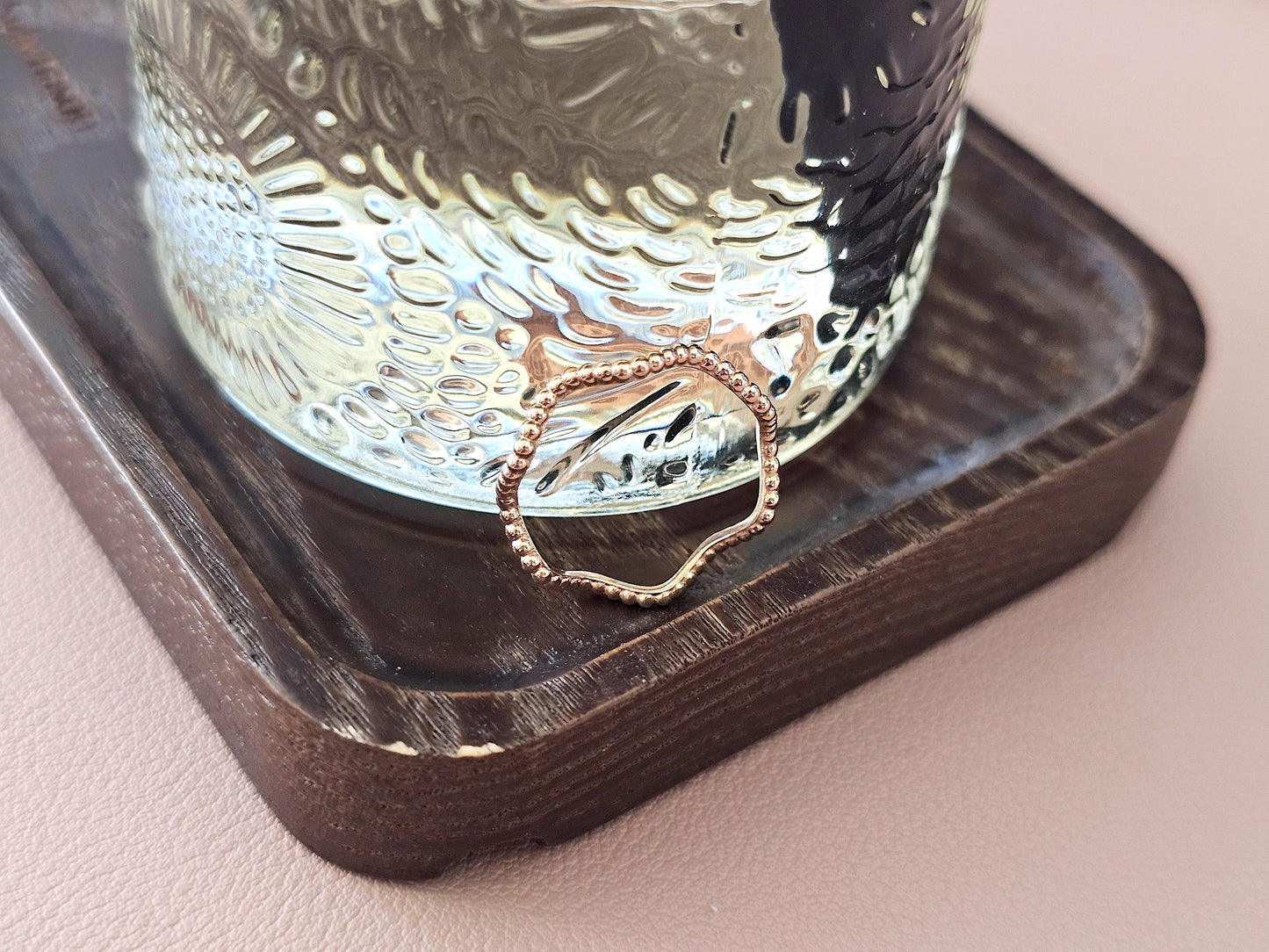 14K Solid Gold Handmade Beaded Dotted Wave Ring Band