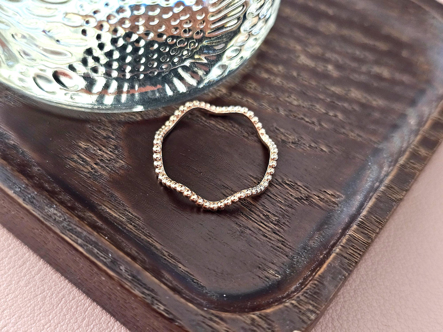 14K Solid Gold Handmade Beaded Dotted Wave Ring Band