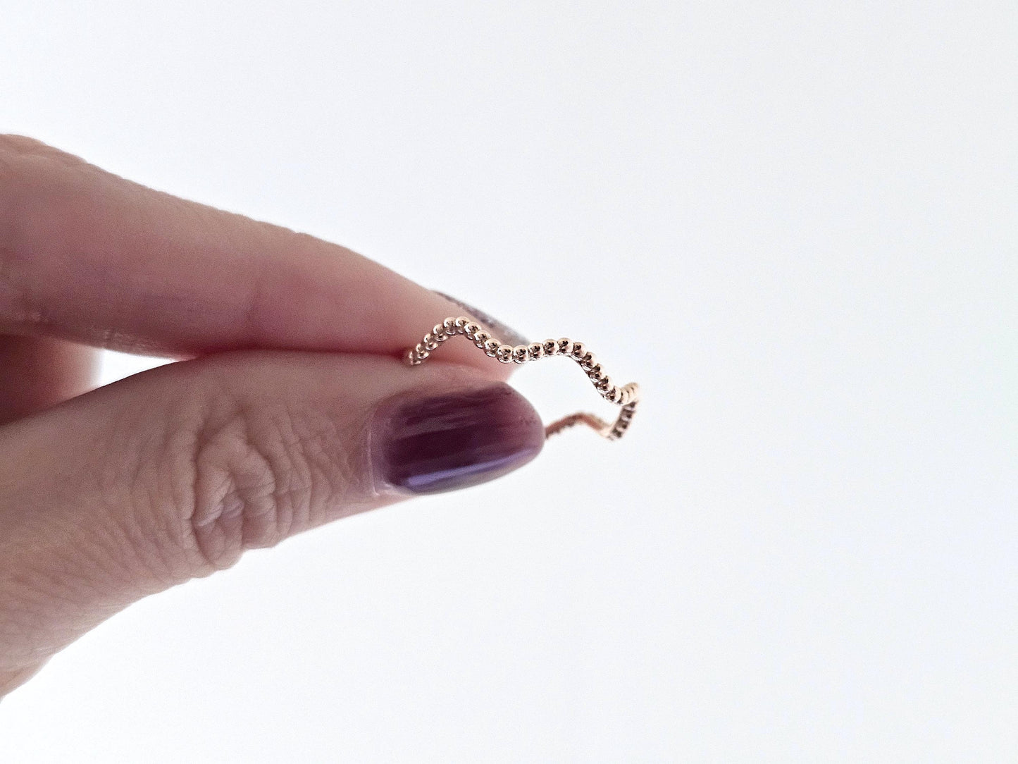 14K Solid Gold Handmade Beaded Dotted Wave Ring Band
