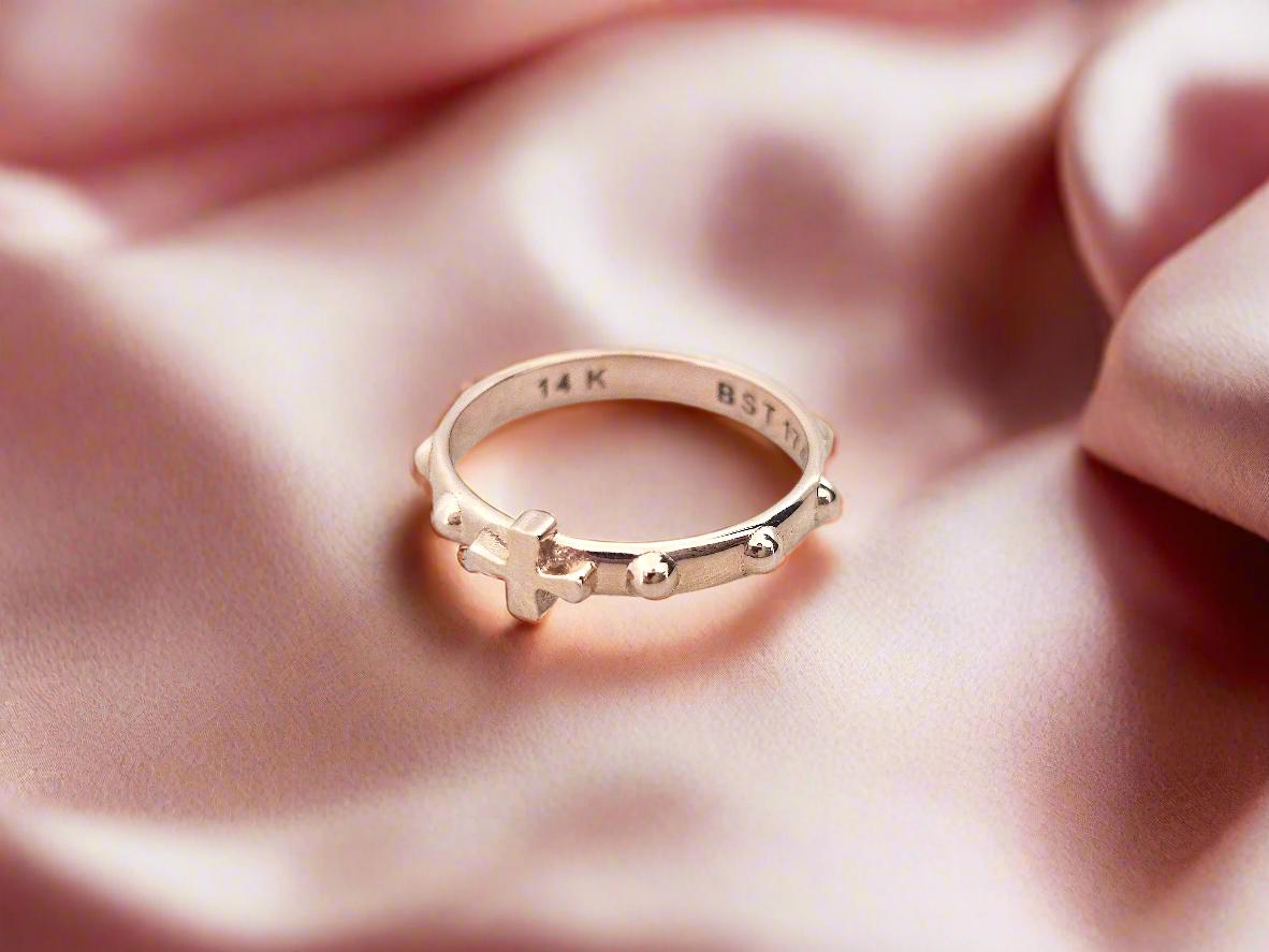 14K Solid Gold Handmade Ring Band with Cross and Dots