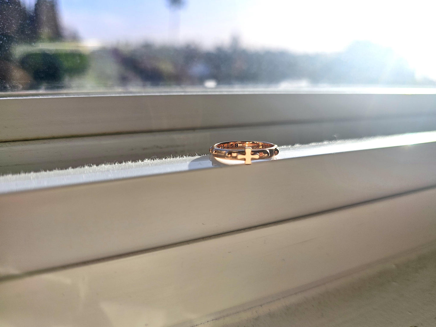14K Solid Gold Handmade Ring Band with Cross and Dots