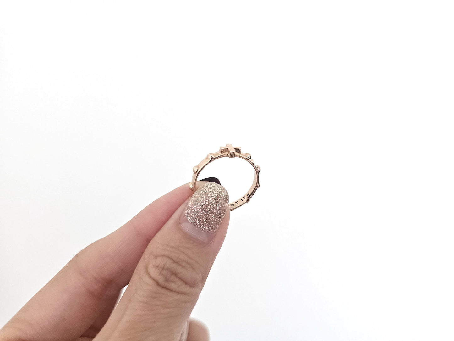 14K Solid Gold Handmade Ring Band with Cross and Dots