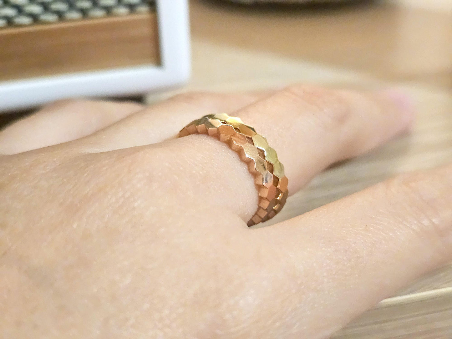 14K Solid Gold Handmade Hexagon Shaped Link Ring Band