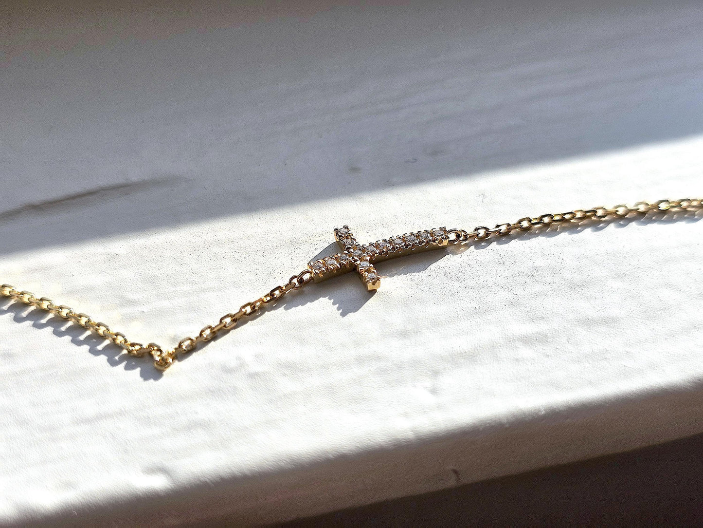 14K Solid Gold Handmade Sideway Cross Bracelet with Diamonds