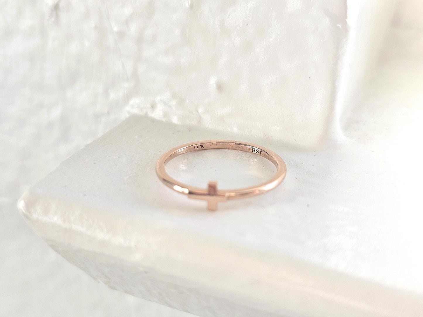 14K Solid Gold Handmade Ring Band with a Sideway Cross