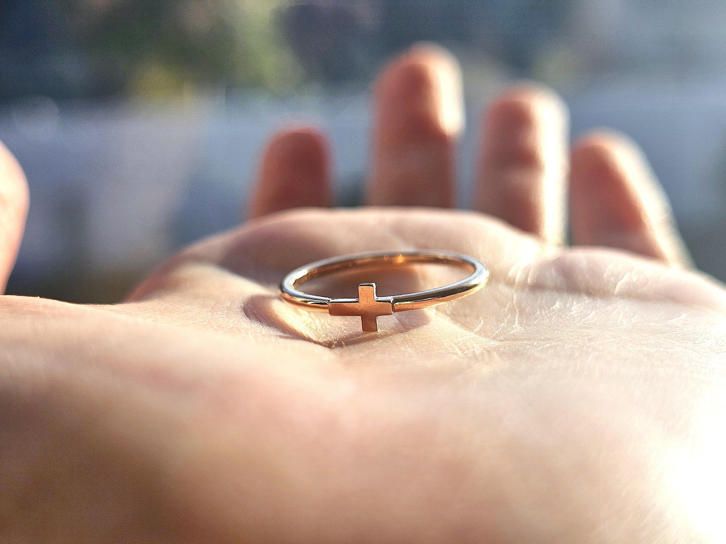 14K Solid Gold Handmade Ring Band with a Sideway Cross