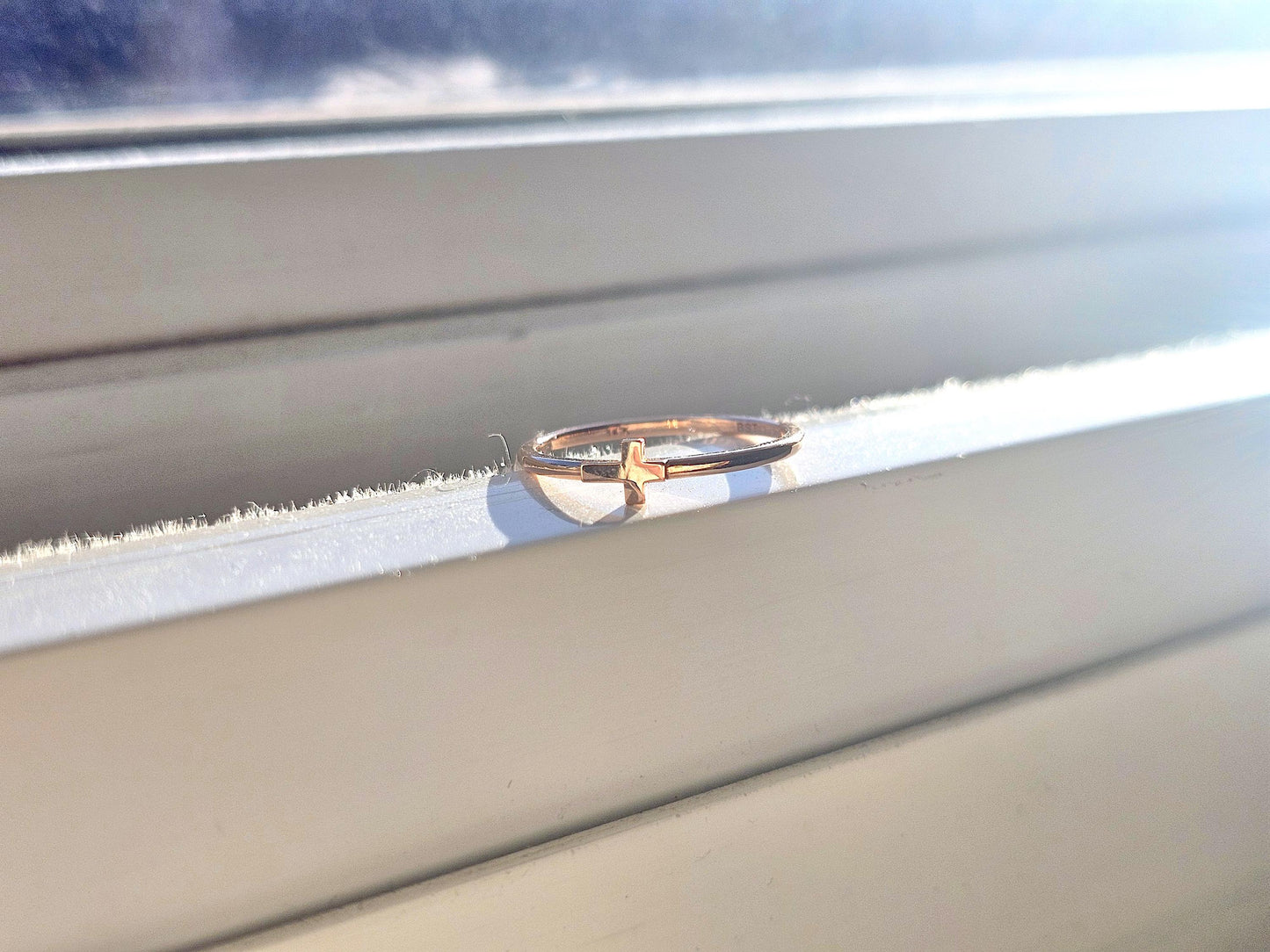 14K Solid Gold Handmade Ring Band with a Sideway Cross