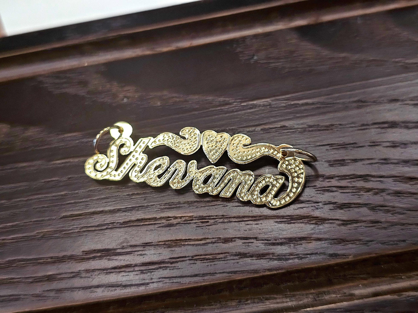 10K Solid Yellow Gold Cursive Dotted Name Pendant Necklace with Heart