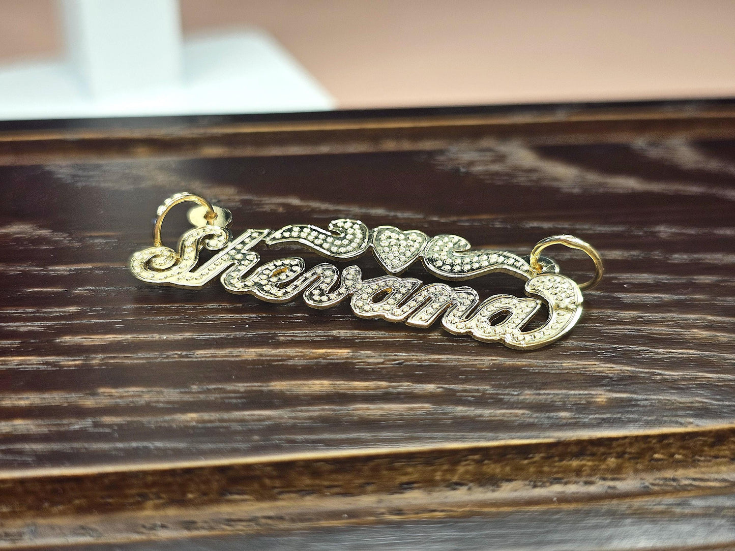 14K Solid Yellow Gold Cursive Dotted Name Pendant Necklace with Heart