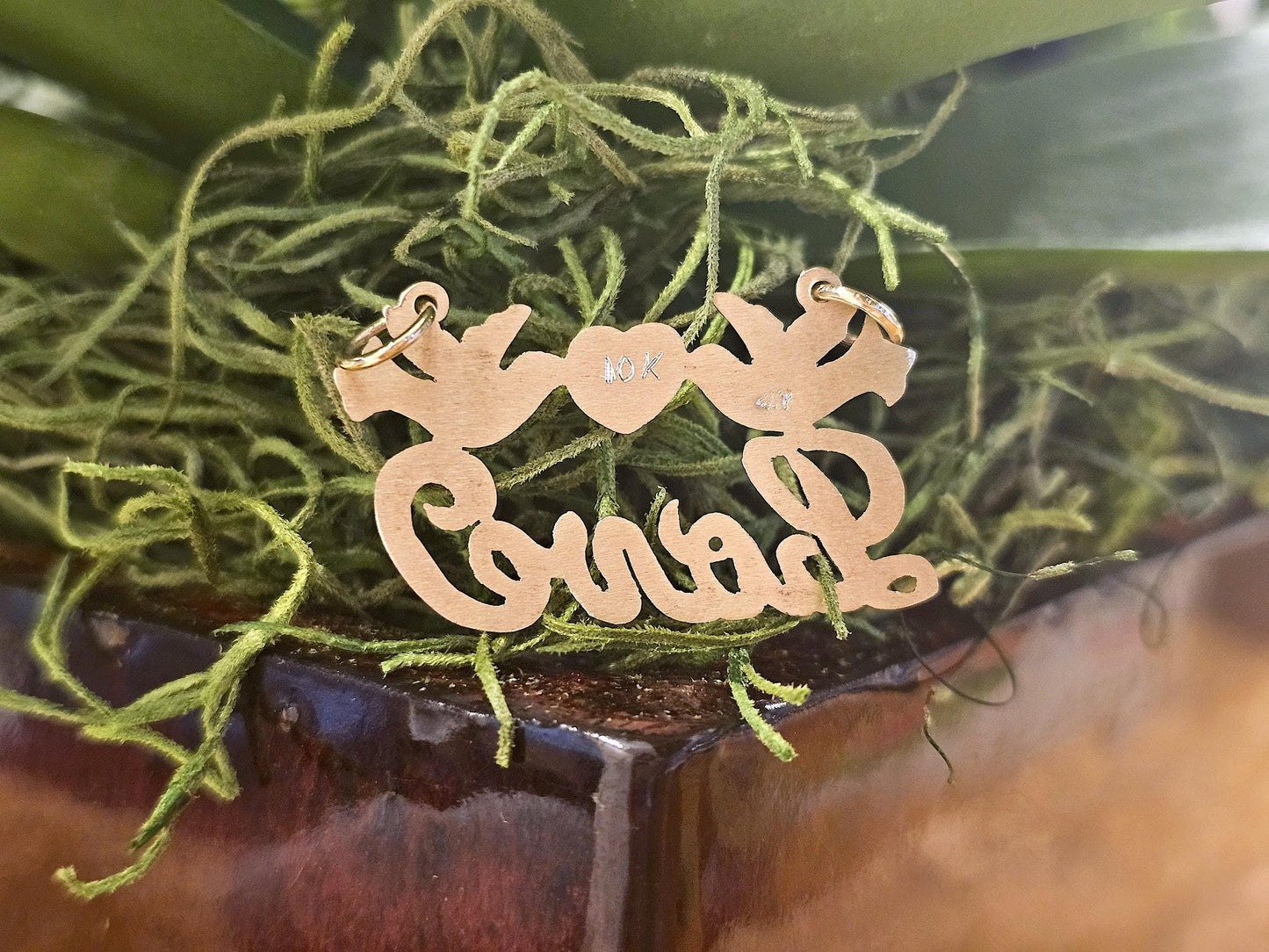 10K Solid Yellow Gold Name Pendant Necklace with Beautiful Doves and Solid Heart