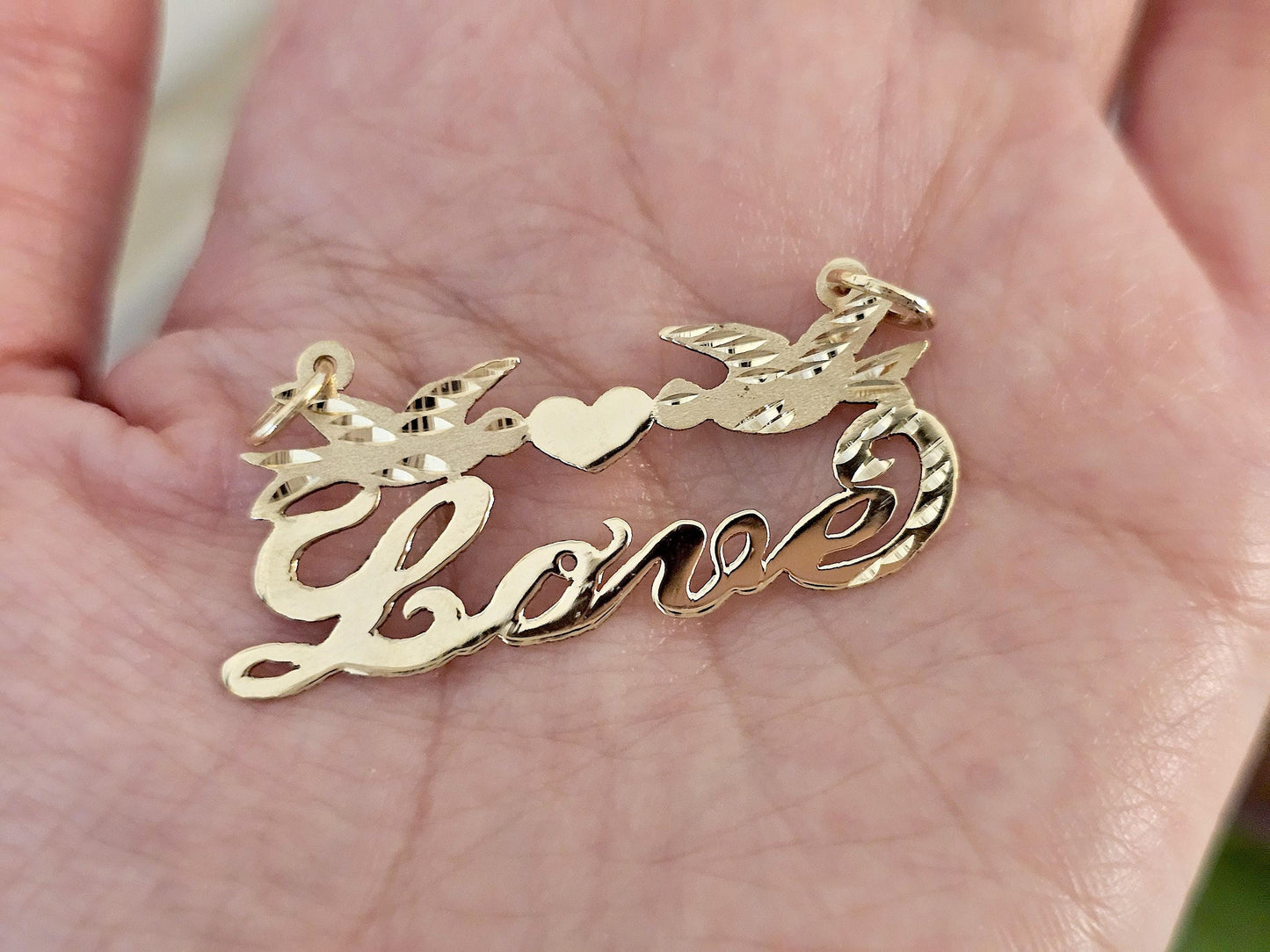 10K Solid Yellow Gold Name Pendant Necklace with Beautiful Doves and Solid Heart