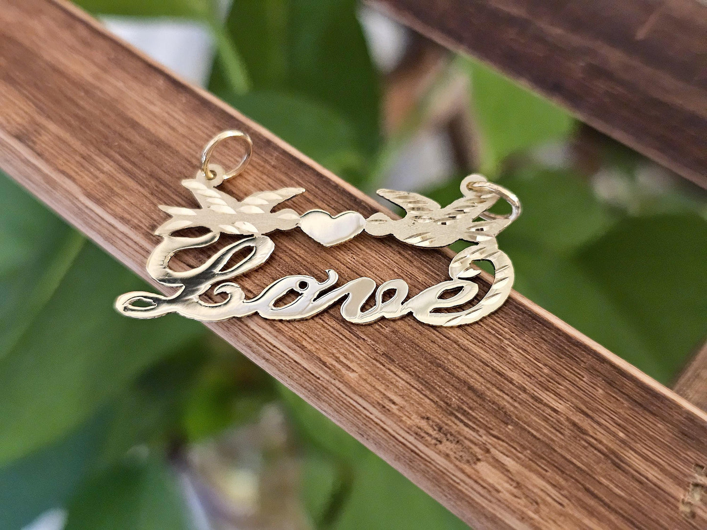10K Solid Yellow Gold Name Pendant Necklace with Beautiful Doves and Solid Heart