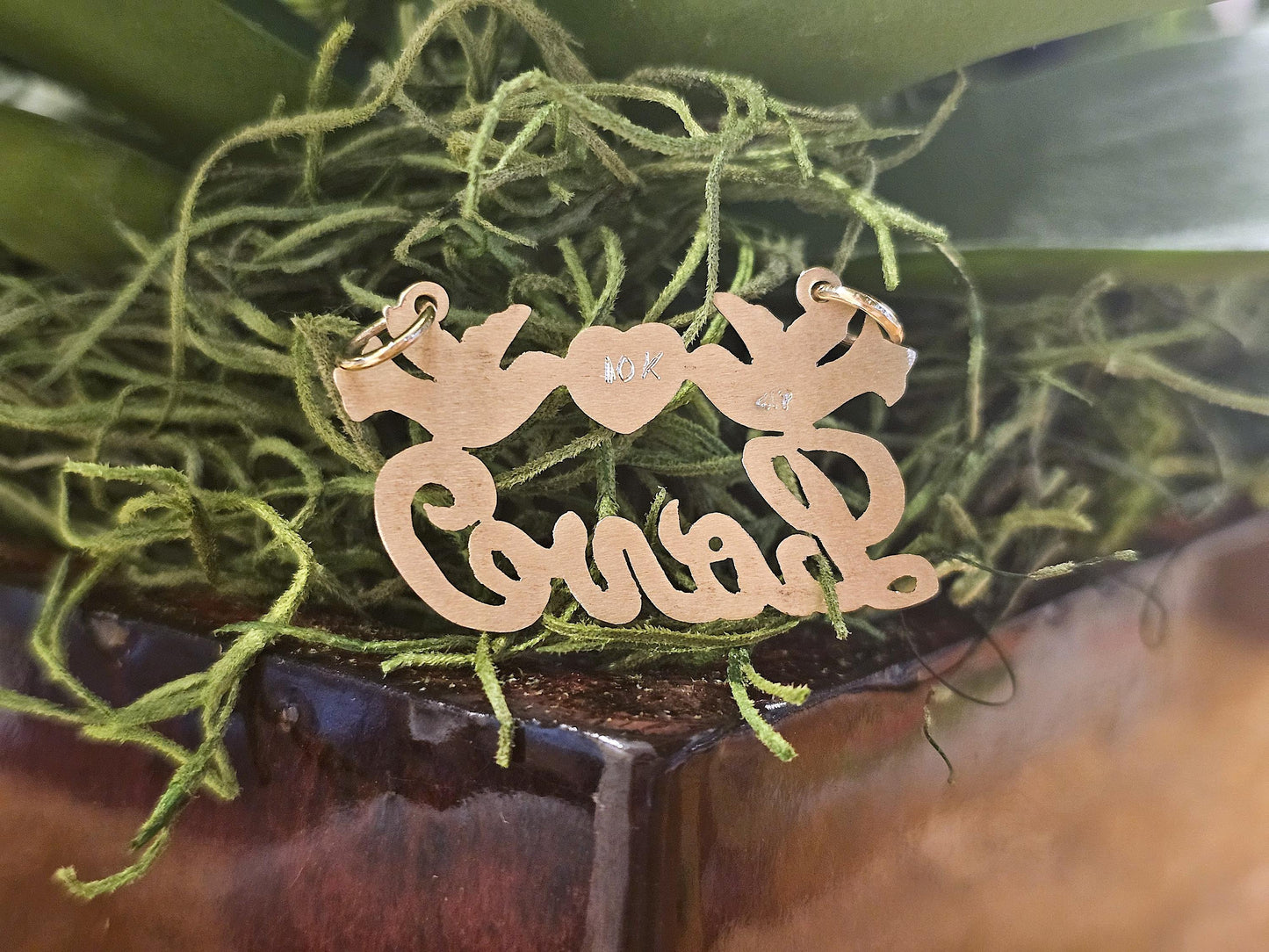 10K Solid Yellow Gold Name Pendant Necklace with Beautiful Doves and Heart