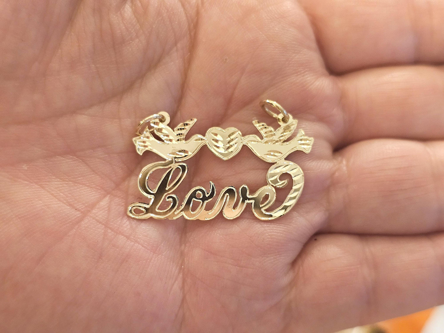 14K Solid Yellow Gold Name Pendant Necklace with Beautiful Doves and Heart