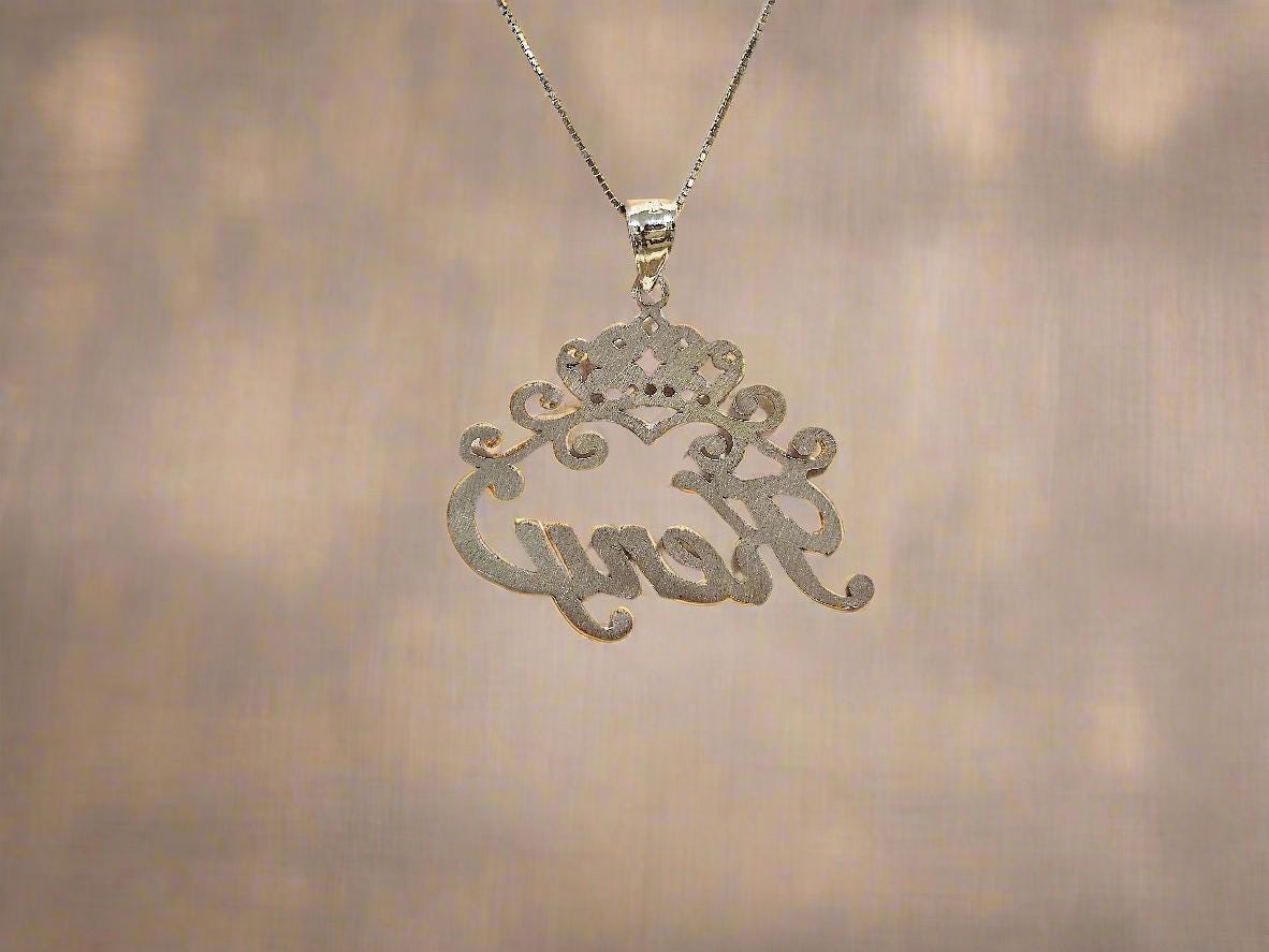 10K Solid Yellow Gold Personalized Custom Handmade Name Pendant with Crown
