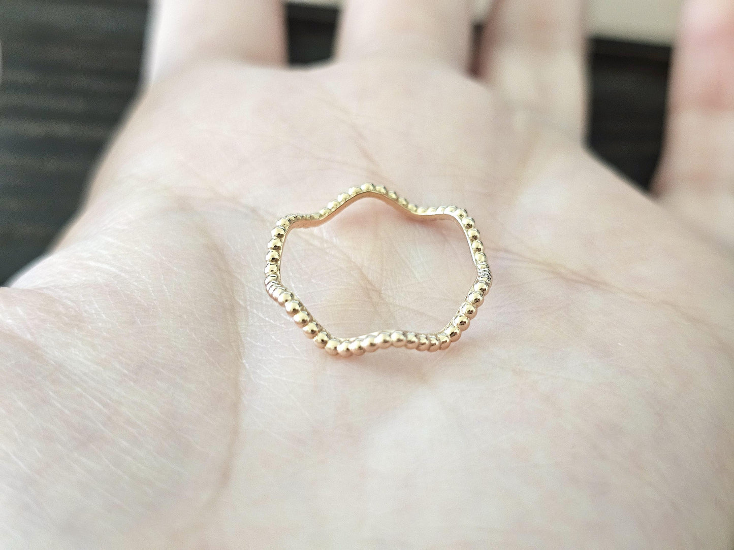 14K Solid Gold Handmade Beaded Dotted Wave Ring Band