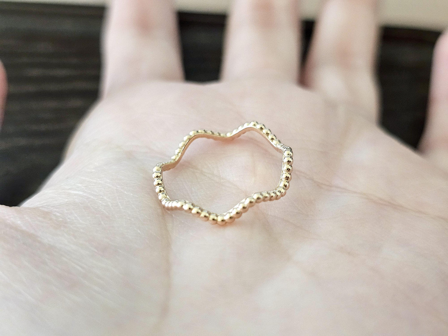 14K Solid Gold Handmade Beaded Dotted Wave Ring Band